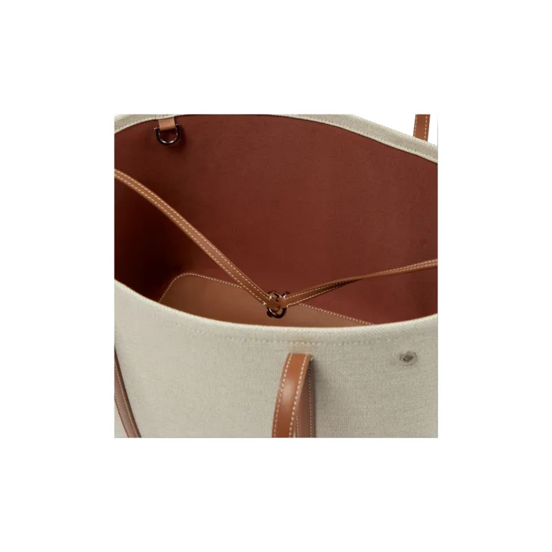 Loro Piana Canvas Tote Bag Shopping Bag Canvas Bag Handbags Large Size Women's Natural Color With Saddle Brown Accents-2