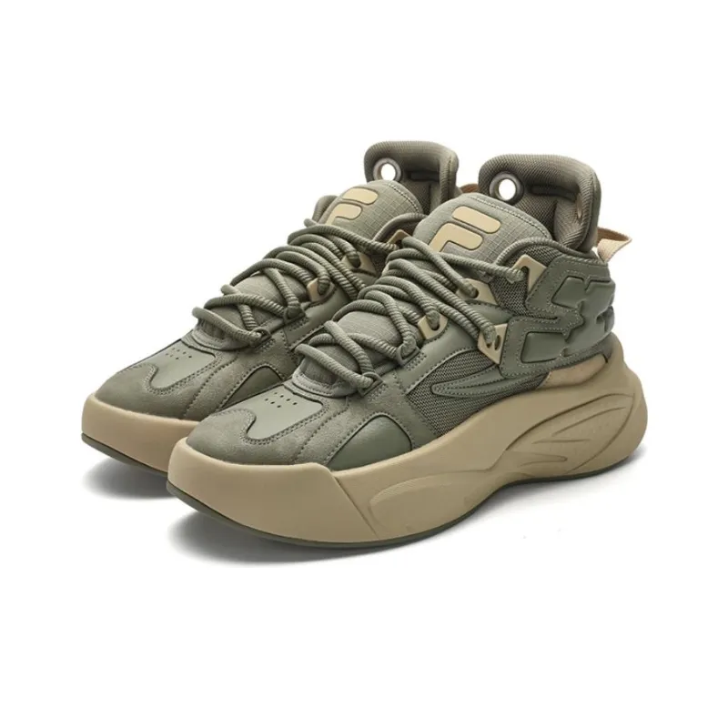 FILA FUSION THE MASH Cushioning Wear Resistant Mid Top Vintage Basketball Shoes Men's Green Yellow-1