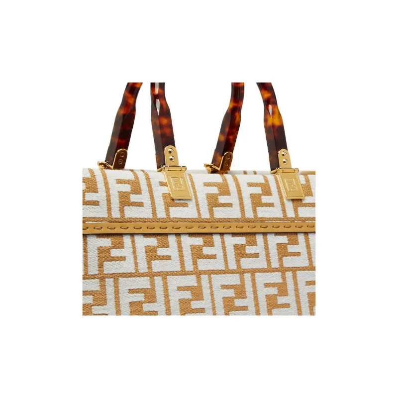 FENDI Sunshine Raffia With Leather Tote Bag Shopping Bag Shoulder Bag Crossbody Bag Handbag Medium Size Women's White-4
