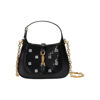 GUCCI Jackie 1961 Sequins Silk Satin With Leather Trim Handbag Shoulder Bag Mini Women's Black & White