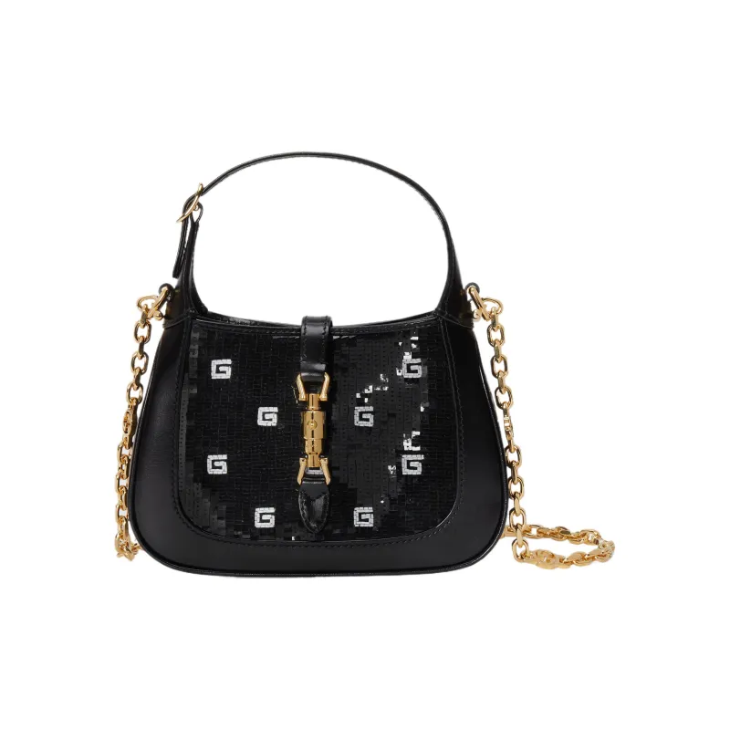 GUCCI Jackie 1961 Sequins Silk Satin With Leather Trim Handbag Shoulder Bag Mini Women's Black & White-0
