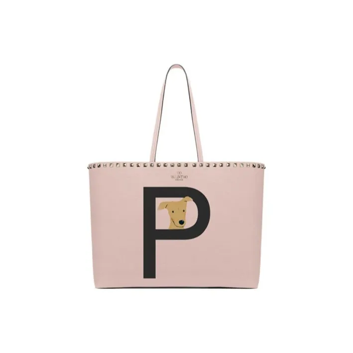 Valentino GARAVANI ROCKSTUD Grained Calfskin Tote Bag Shopping Bag Shoulder Bag Handbag Women's Rose Quartz With Black-0