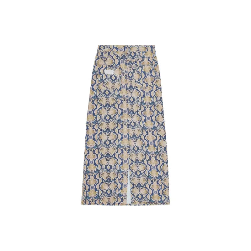GANNI Snake Printed Denim Maxi Slit Skirt Denim Long Skirts Women's Blue-1
