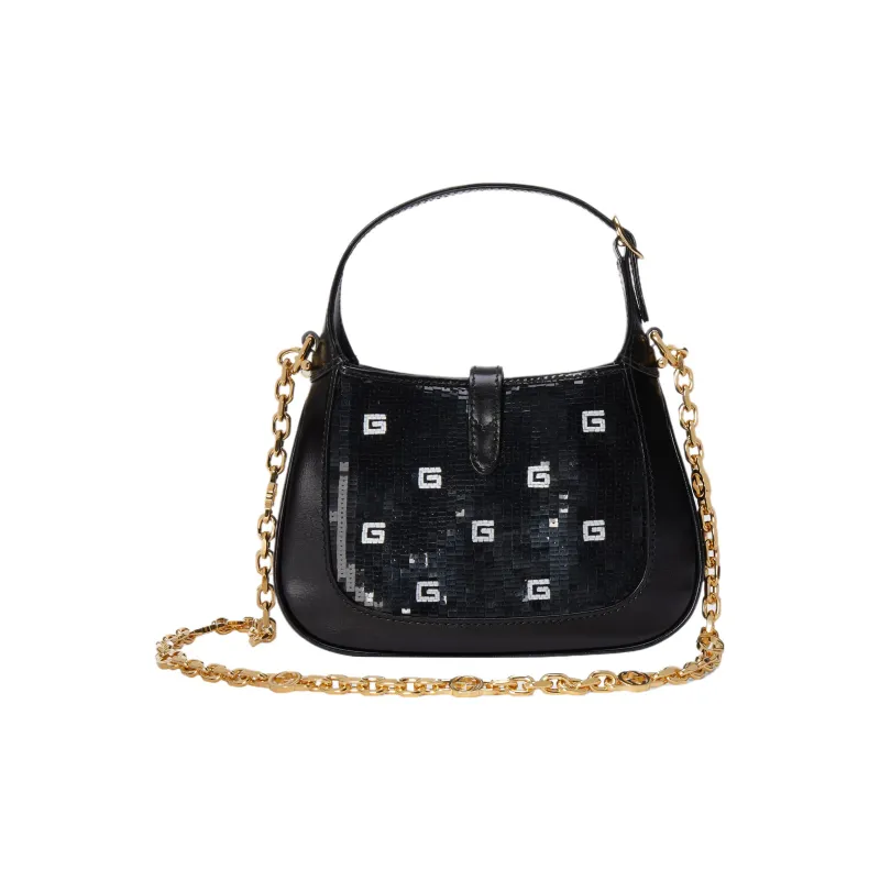 GUCCI Jackie 1961 Sequins Silk Satin With Leather Trim Handbag Shoulder Bag Mini Women's Black & White-3
