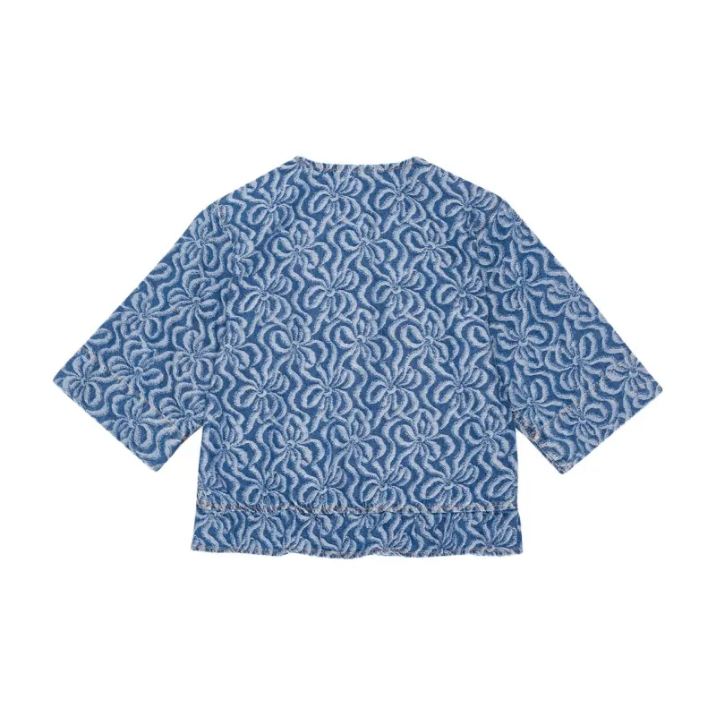GANNI Acquard Denim Flounce Tie Blouse Shirt Women's Blue-1