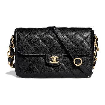 CHANEL Textured Cow Leather Flap Bag Messenger Bag Shoulder Bag Crossbody Bag Medium Size Women's Black