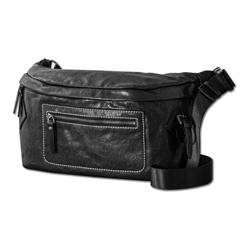 Back Step Top Grain Cow Leather Genuine Leather Crossbody Bag Sling Bag Fanny Pack Unisex Black-2