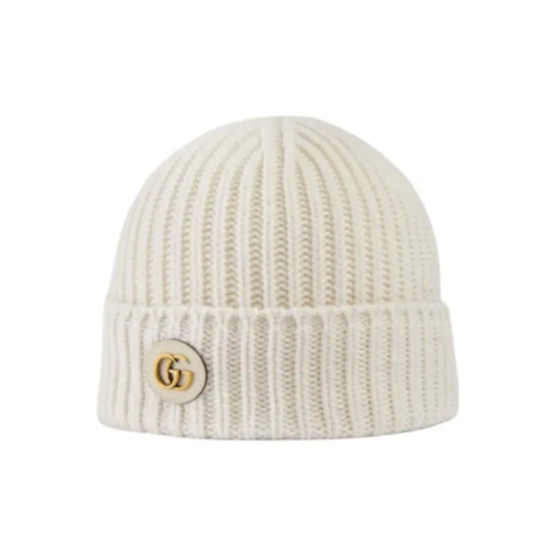 GUCCI Wool Cashmere Leather Beanies Women's White-1