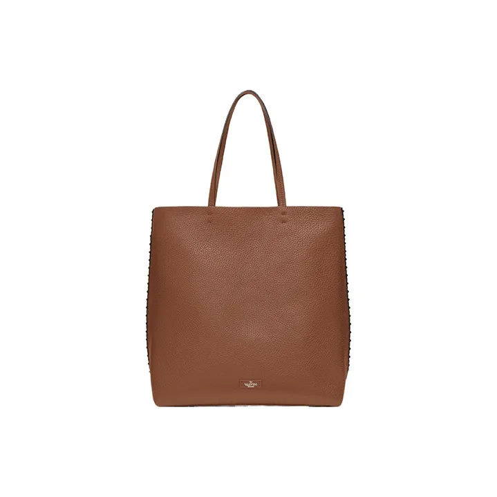 Valentino Grained Calfskin Tote Bag Shopping Bag Shoulder Bag Handbag Women's Saddle Brown With English Green-2