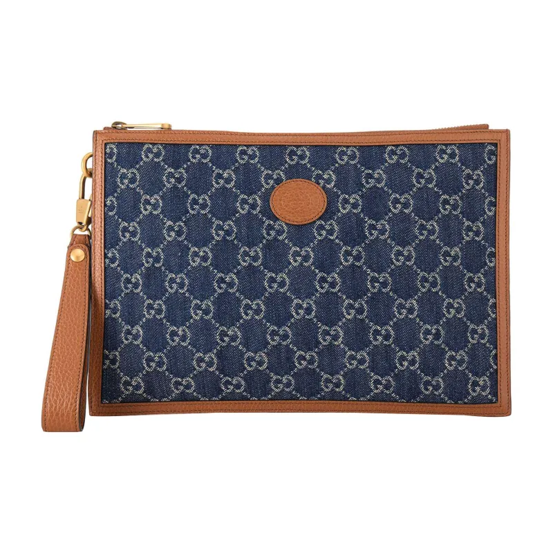 GUCCI GG Denim Denim With Leather Clutch Regular Men's Blue/Brown-0