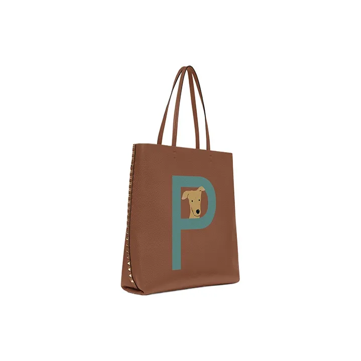 Valentino Grained Calfskin Tote Bag Shopping Bag Shoulder Bag Handbag Women's Saddle Brown With English Green-1