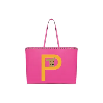 Valentino Grained Calfskin Tote Bag Shopping Bag Shoulder Bag Handbag Women's Fuchsia With Sunflower
