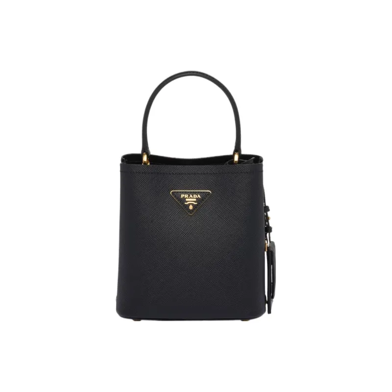 PRADA Panier Saffiano Leather Bucket Bag, One Shoulder Handbag Trumpets Women's Black-0