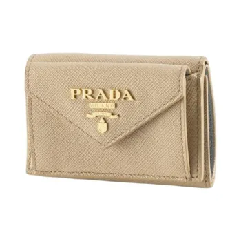 PRADA Saffiano Cow Leather Wallet Women's Stone Gray With Cornflower Blue Accents