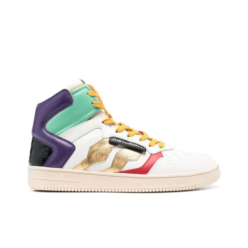 Just Cavalli High-Top Skateboard Shoes Men's White Yellow Purple-1