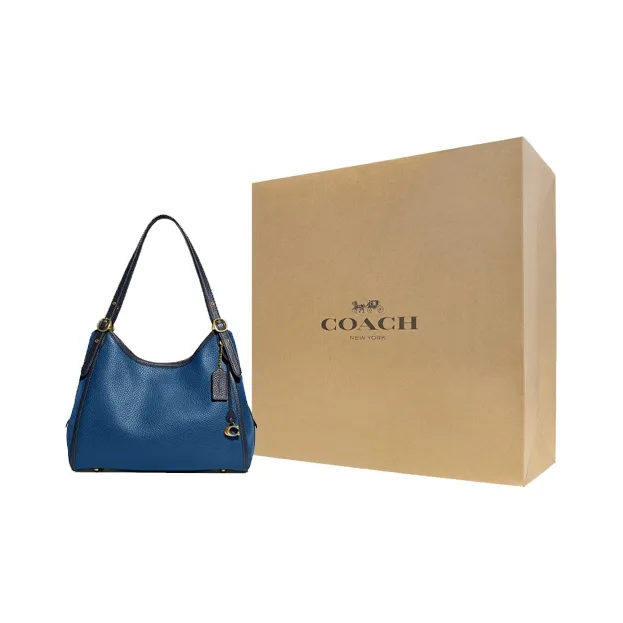 COACH Lori Soft Grained Leather And Suede Shoulder Bag Handbag Shoulder Bag Medium Size Women's Navy Blue-7