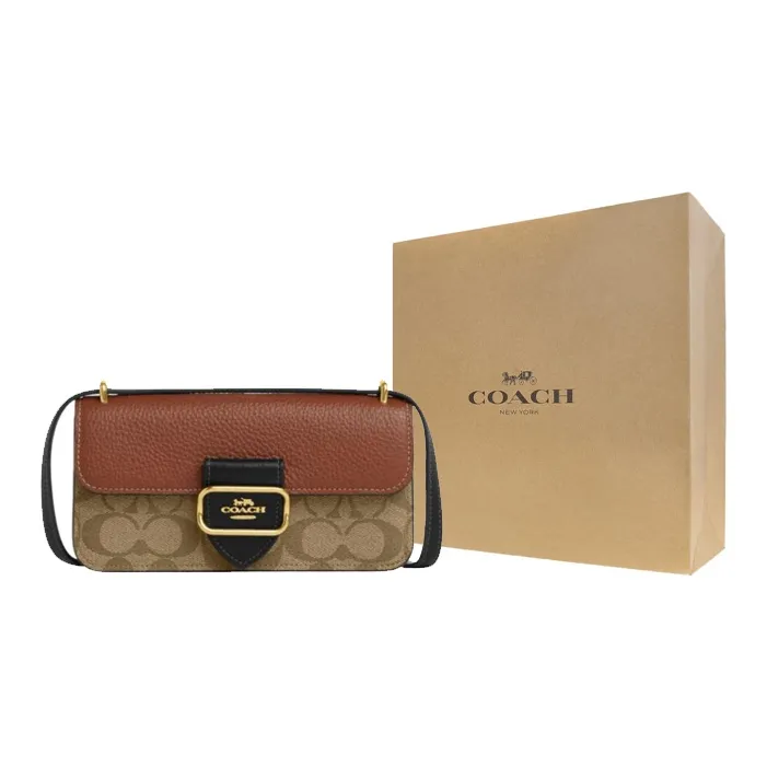 COACH Morgan Cow Leather With Artificial Leather Shoulder Bag, Crossbody Bag Trumpets Women's Khaki & Red Brown & Black-6