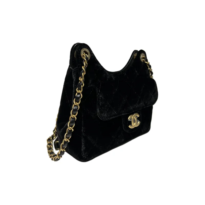 CHANEL Velvet Hobo Bag, Crossbody Bag, Shoulder Bag Trumpets Women's Black-1