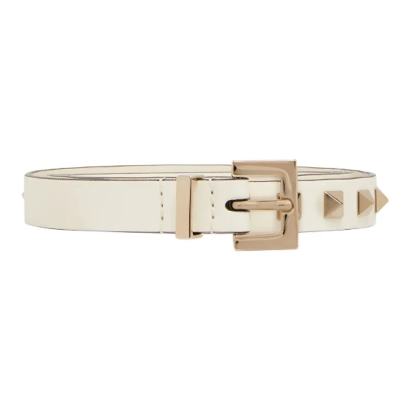 Valentino Buckle Stud Decoration Pin Buckle Leather Belts Women's Ecru-0