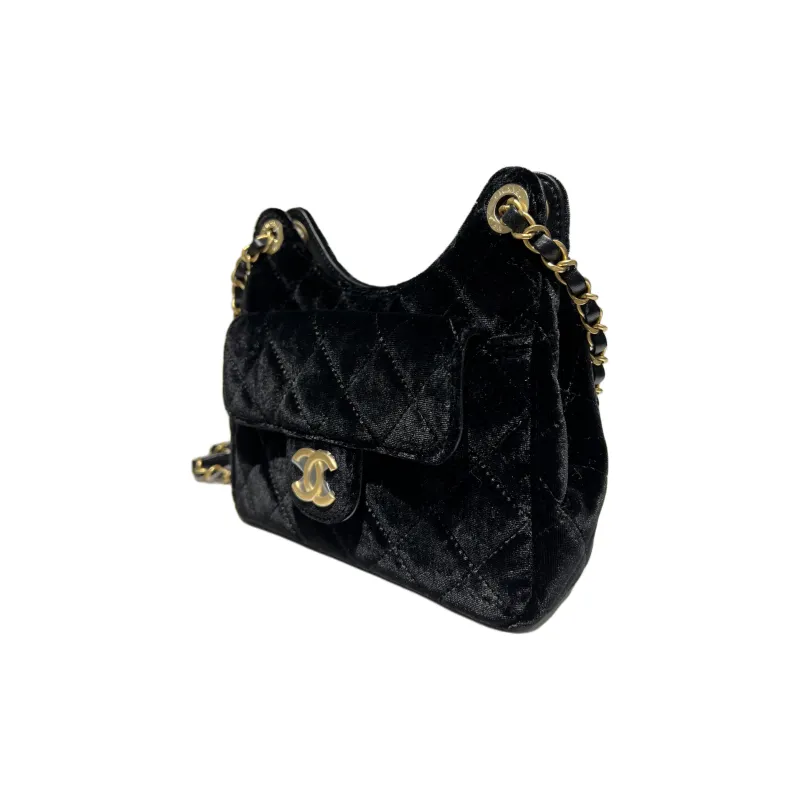 CHANEL Velvet Hobo Bag, Crossbody Bag, Shoulder Bag Trumpets Women's Black-2