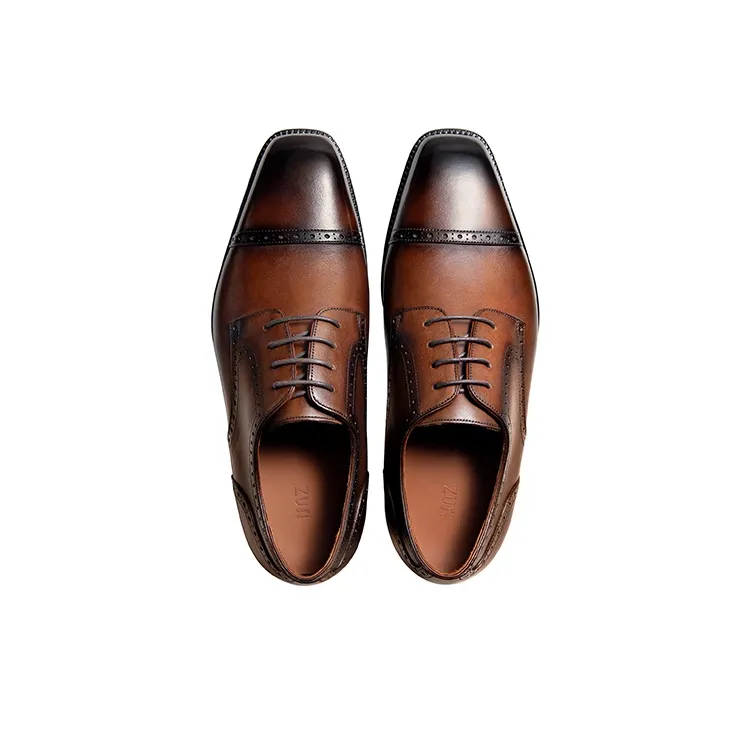 Zuti Brogue Embroidered Calfskin Derby Shoes Dress Shoes Men's Dark Brown Matte-2