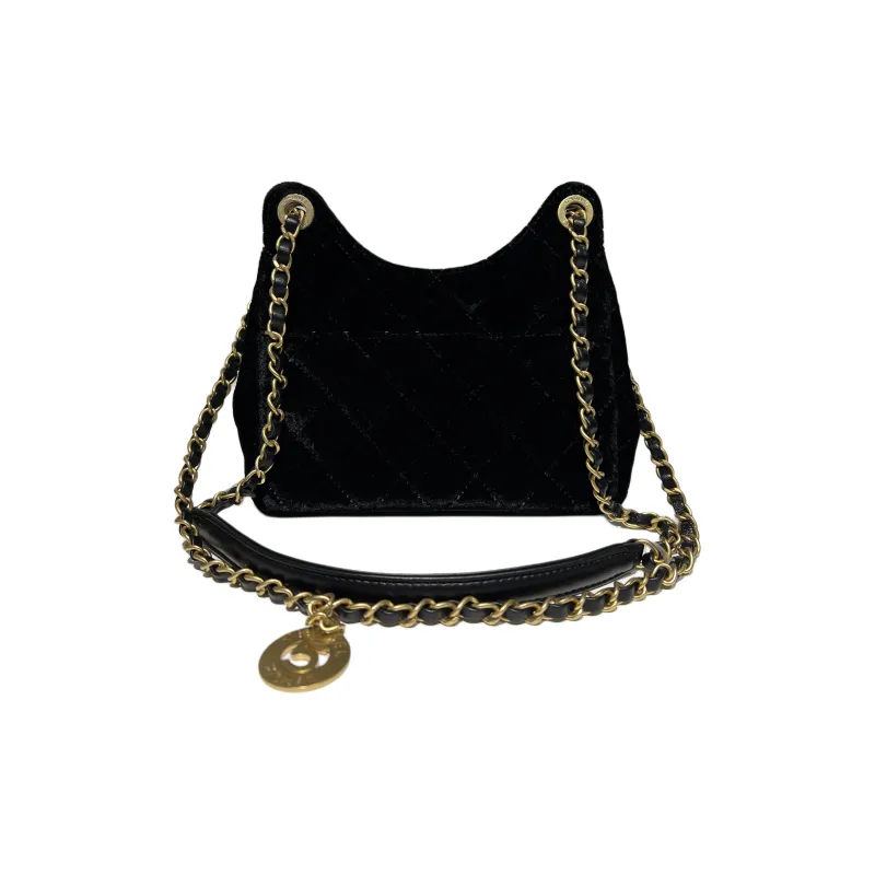 CHANEL Velvet Hobo Bag, Crossbody Bag, Shoulder Bag Trumpets Women's Black-3