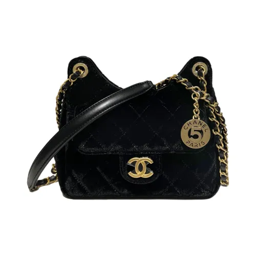 CHANEL Velvet Hobo Bag, Crossbody Bag, Shoulder Bag Trumpets Women's Black