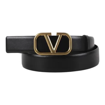 Valentino V Logo Decoration Smooth Buckle Leather Belts Men's Black Width 3.5CM