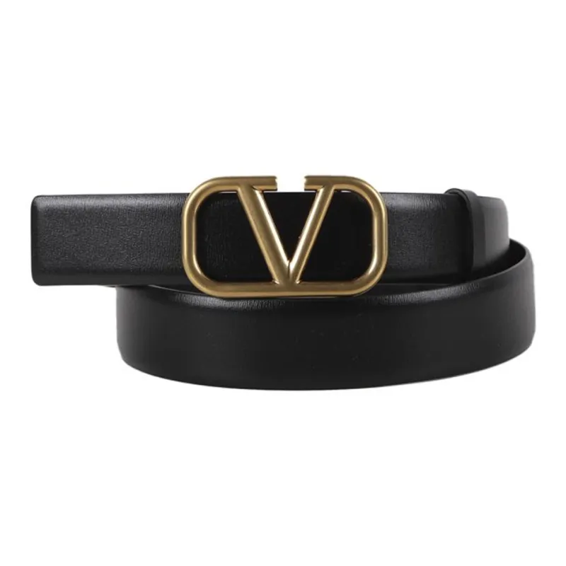 Valentino V Logo Decoration Smooth Buckle Leather Belts Men's Black Width 3.5CM-0
