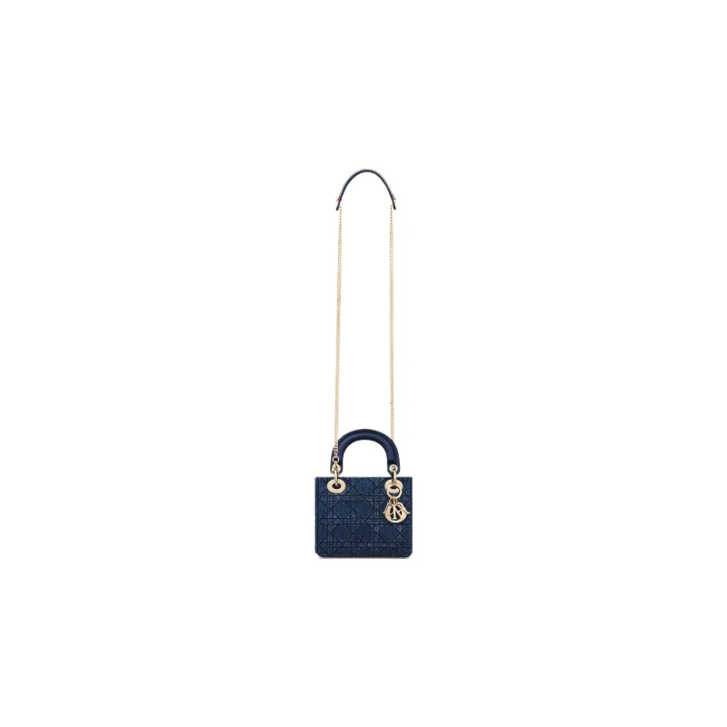DIOR Lady Dior Cotton Beaded Embroidery Shoulder Bag Crossbody Bag Handbag Mini Women's Deep Sea Blue-4