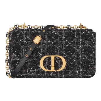 DIOR Caro Tweed Shoulder Bag Crossbody Bag Medium Size Women's Black