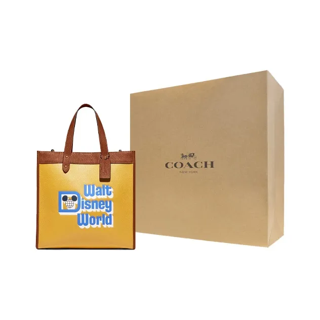 COACH X Disney Field Leather Tote Bag, Shopping Bag, Portable Crossbody Bag, Shoulder Bag Tubas Women's Yellow & Brown-6