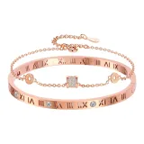 Roman Numeral Bangle+Small Round Pendant Bracelet (Rose Gold)