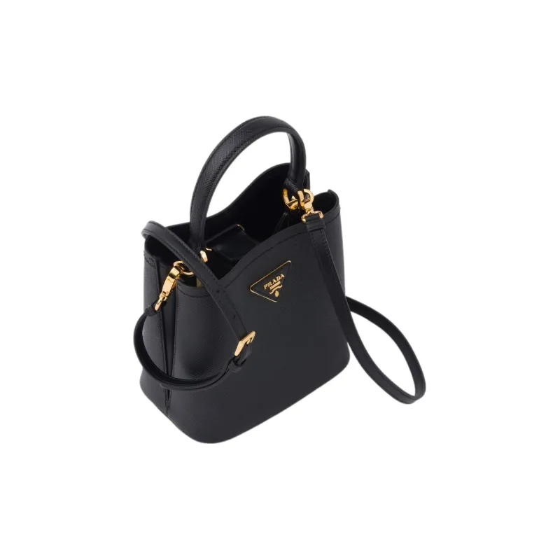 PRADA Panier Saffiano Leather Bucket Bag, One Shoulder Handbag Trumpets Women's Black-1