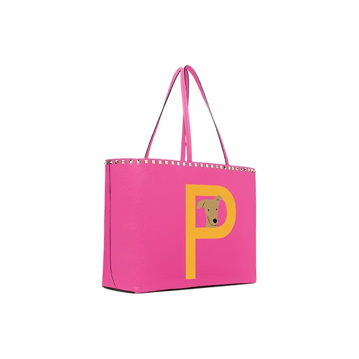 Valentino Grained Calfskin Tote Bag Shopping Bag Shoulder Bag Handbag Women's Fuchsia With Sunflower-1