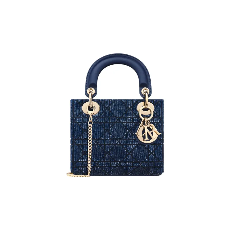 DIOR Lady Dior Cotton Beaded Embroidery Shoulder Bag Crossbody Bag Handbag Mini Women's Deep Sea Blue-0