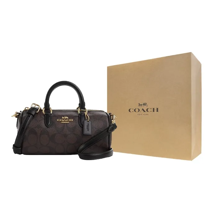 COACH Lacey Canvas With Leather Boston Bag Handbags Crossbody Bags Small Size Women's Dark Brown-5
