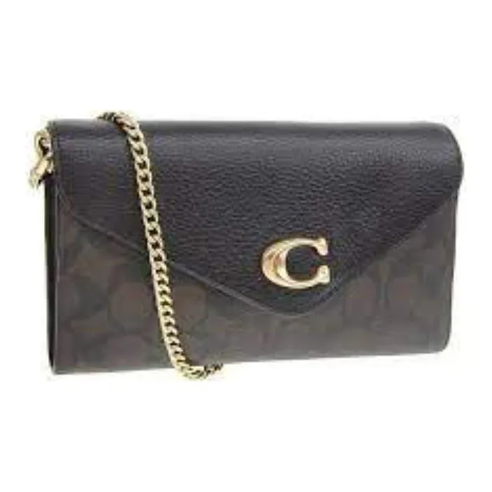 COACH Pebbled Leather Envelope Bag Crossbody Bags Small Size Women's Dark Brown Monogram & Black-3