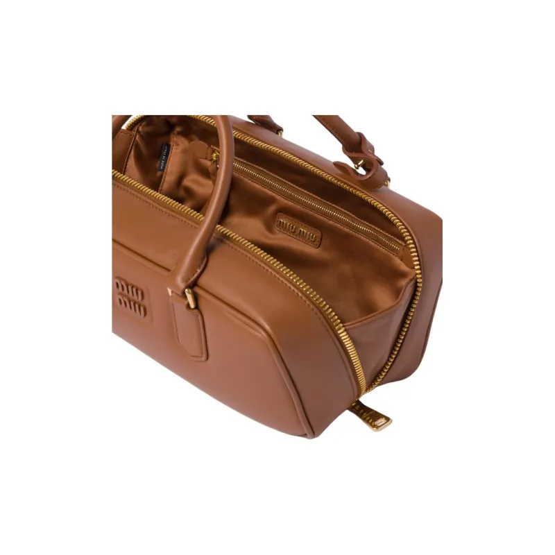 MIU MIU Arcadie Series Leather Bowling Bag, Shoulder Bag, Crossbody Bag, Handbag Women's Cognac-3