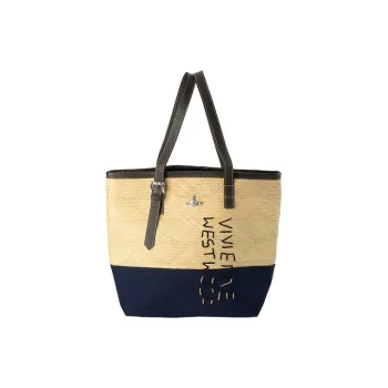 Vivienne Westwood Palm Canvas With Leather Tote Bag, Shopping Bag, Shoulder Bag, Handbag Women's Beige & Marine Blue