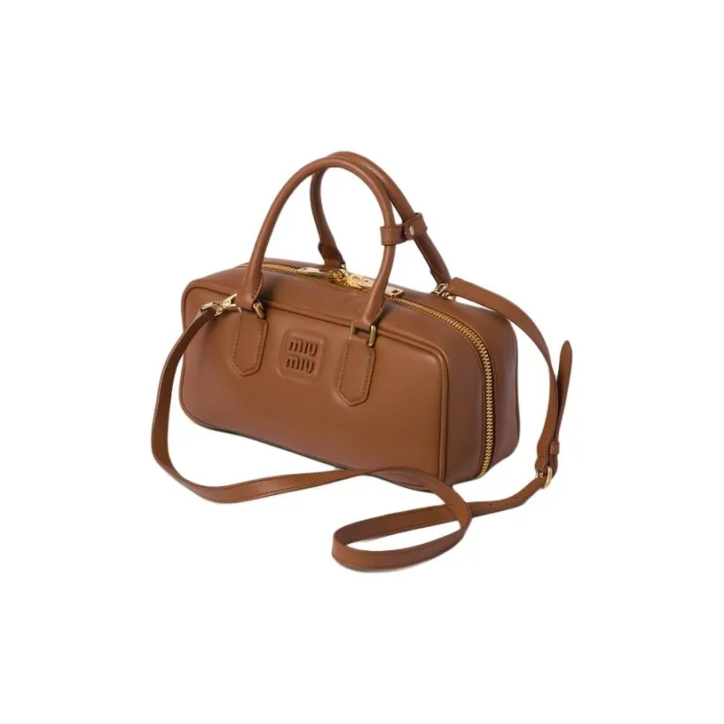 MIU MIU Arcadie Series Leather Bowling Bag, Shoulder Bag, Crossbody Bag, Handbag Women's Cognac-1