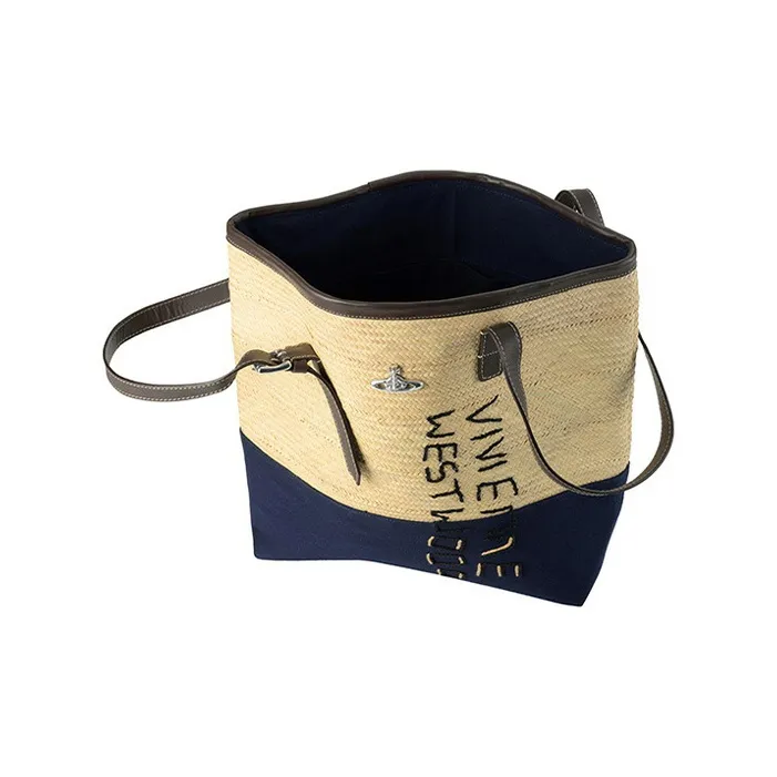 Vivienne Westwood Palm Canvas With Leather Tote Bag, Shopping Bag, Shoulder Bag, Handbag Women's Beige & Marine Blue-1