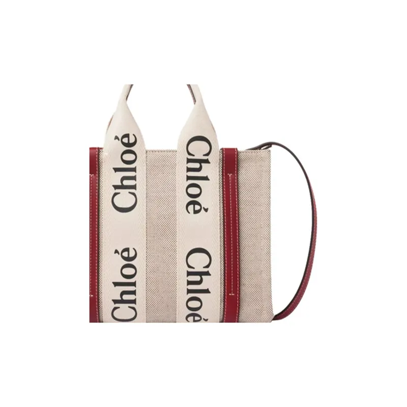 Chloe Woody Cow Leather Tote Bag Shopping Bag Shoulder Bag Handbag Small Size Women's Beige/Smoky Red-4
