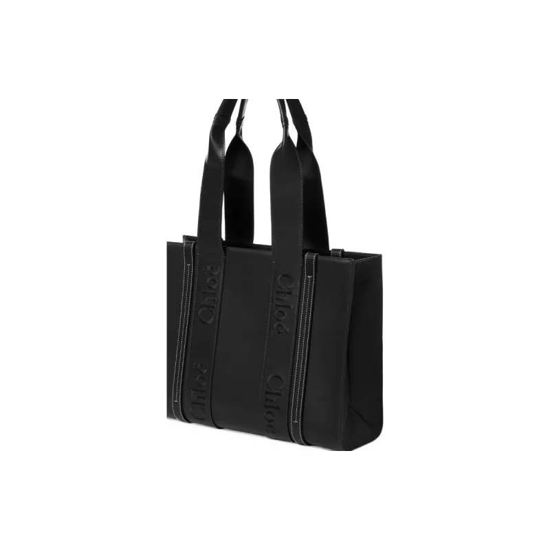 Chloe Woody Smooth Calf Leather Tote Bag, Shopping Bag, Shoulder Bag, Handbag Medium Size Women's Black-4