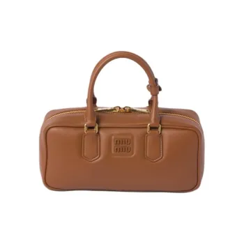 MIU MIU Arcadie Series Leather Bowling Bag, Shoulder Bag, Crossbody Bag, Handbag Women's Cognac