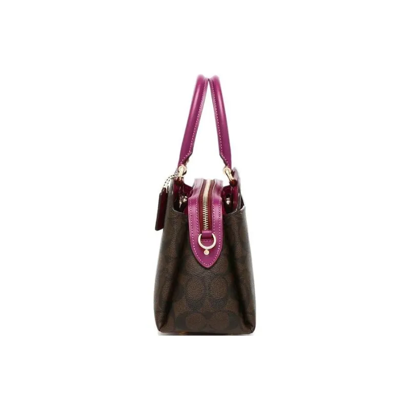 COACH Lillie Coated Canvas With Smooth Leather Shoulder Bag Crossbody Bag Handbag Mini Women's Brown & Deep Ocean Red-4