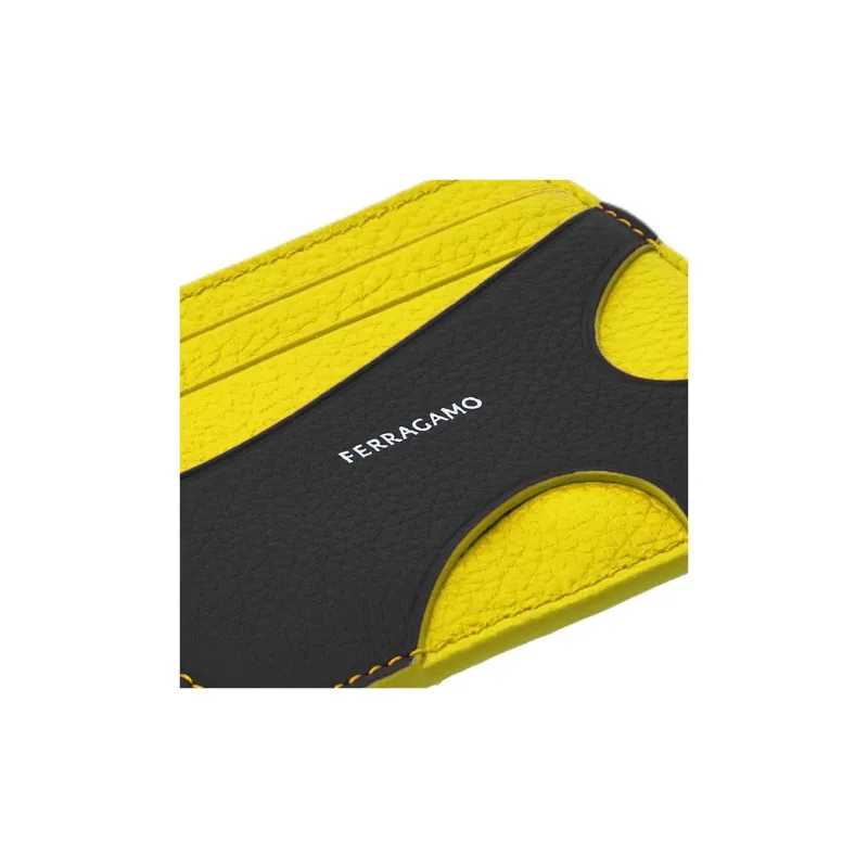 FERRAGAMO Hammered Calfskin Card Holder Card Holder Men's Black & Yellow-3
