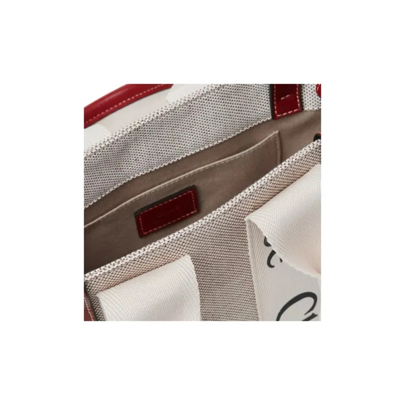 Chloe Woody Cow Leather Tote Bag Shopping Bag Shoulder Bag Handbag Small Size Women's Beige/Smoky Red-3