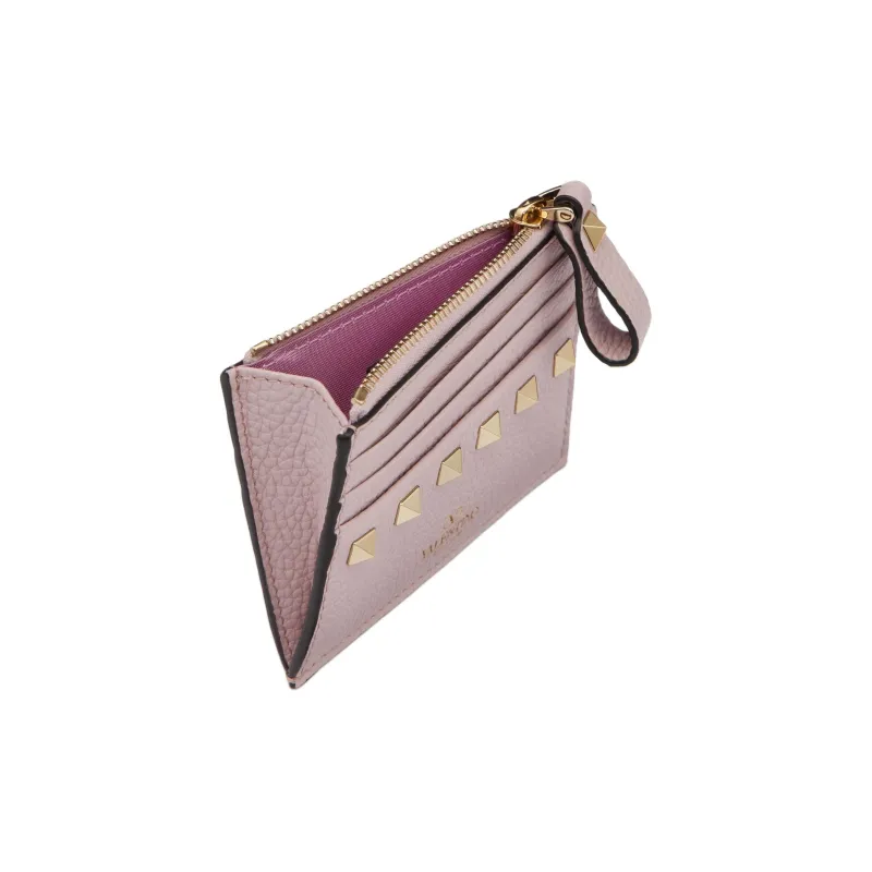 Valentino Rockstud Grained Calfskin Card Holder Women's Water Lilac-2