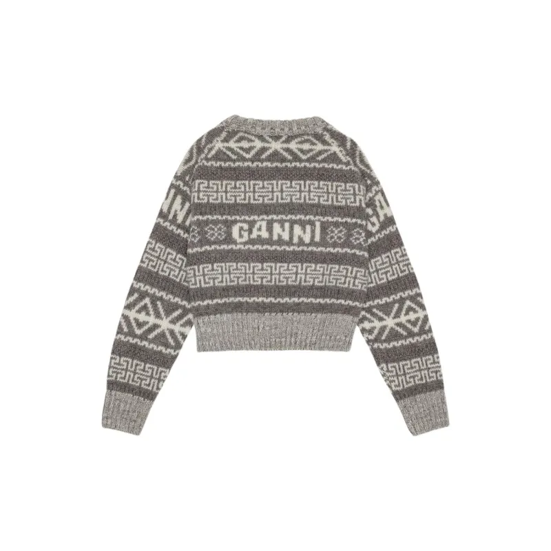 GANNI FW23 Lambswool Cropped O-Neck Pullover Sweater Women's Gray-1